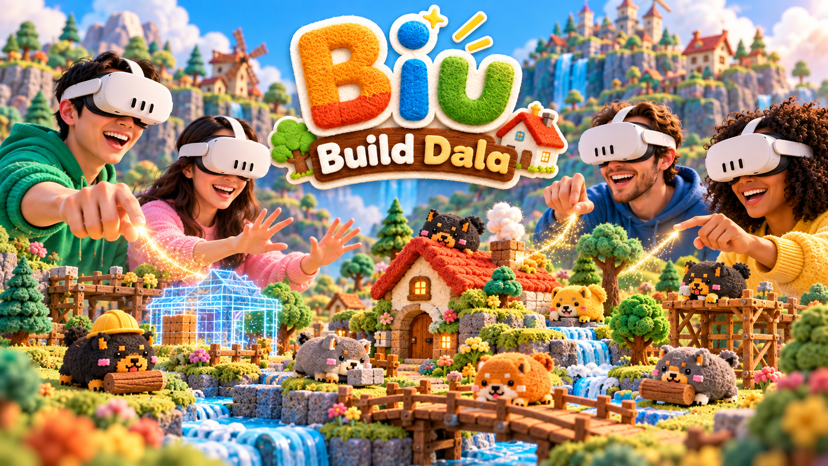 Concept artwork for a sandbox VR game, showing players building a colorful world together.
